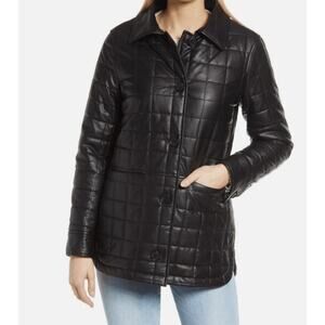 NWOT Sam Edelman Faux Leather Quilted Puffer Jacket Coat M Black Vegan Outerwear